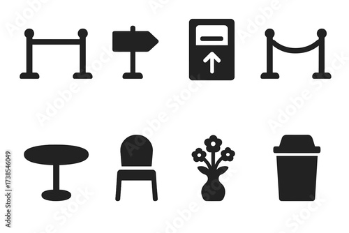 Buffet Icon Set. Solid, filled icon set of buffet layout elements: buffet line divider, directional sign, tray return station, queue rope, round table, banquet