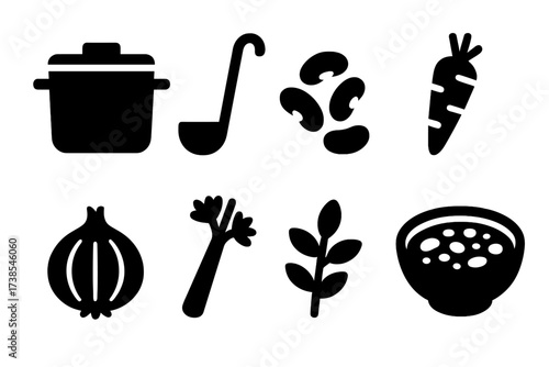 Bean Stew Icons. Solid, filled icon set of bean stew: pot, ladle, beans, carrots, onions, celery, herbs, bowl of stew. [Line icons in only black color. All