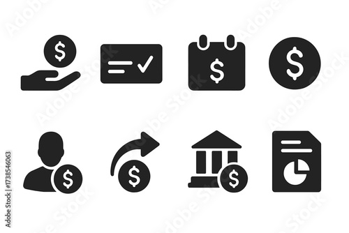 Equity Dividends Icons. Solid, filled icon set of equity dividends: cash payout, check icon, calendar payment, dollar sign, shareholder, investment return,