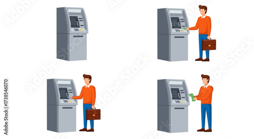 Illustrations depicting a person using an ATM machine for various financial transactions and services throughout the day