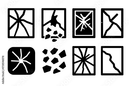 Smashed Window Icons. Solid, filled icon set of smashed window: large crack, broken glass pieces, shattered fragments, distorted frame, missing shards, spider
