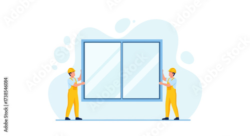 Two construction workers in yellow overalls carefully installing a large modern sliding window into a building structure