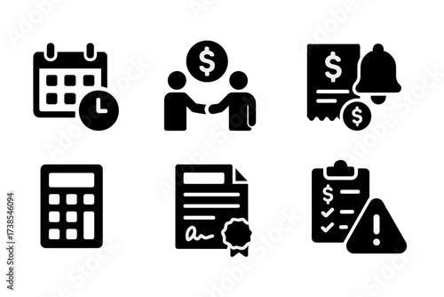 Liability Management Icons. Solid, filled icon set of liability management: payment schedule, debt negotiation, invoice, reminder, calculator, contract, budget