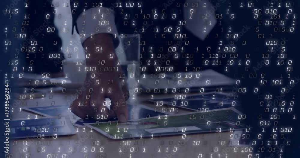 Man's hand picking chart releasing it while binary codes covering ...