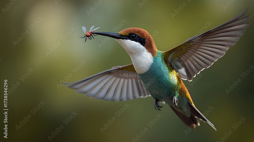 Fototapeta premium A bird holding its prey in its mouth. 