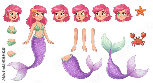 Adorable Cartoon Mermaid Character Sprite Sheet with Multiple Expressions and Accessories for Animation and Game Development Projects