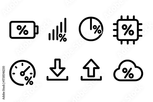 Technology Icon Set. Solid, filled icon set of percentage related technology icons: battery level, signal strength %, storage usage %, CPU load %, bandwidth %,