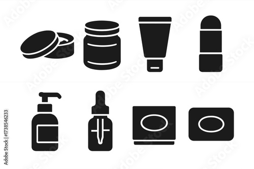 Salve Packaging Icons. Solid, filled icon set of salve packaging: tin container, glass jar, plastic tube, stick applicator, pump bottle, dropper, sealed box,