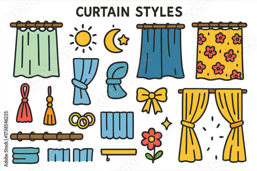 Colorful Curtain Doodle. Curtain Styles. Colorful Hand-drawn doodle Children illustration Curtain Styles sheer curtain, blackout curtain, patterned fabric,