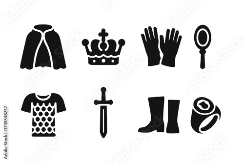 Noble Attire Icons. Solid, filled icon set of nobility attire: velvet cloak, crown jewels, gloves, brooch, chainmail, ceremonial sword, boots, signet ring.