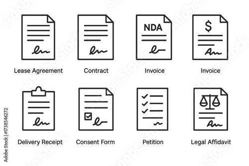 Icon Sets Collection. Outline icon set of signature documents: lease agreement, contract paper, NDA, invoice, delivery receipt, consent form, petition, legal