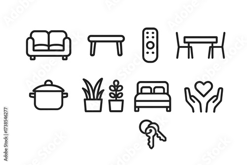 Couple and Care Icons. Outline icon set of couple home life: couch, coffee table, TV remote, dining table, cooking pot, plants, bed, house keys. Line icons in