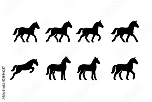 Horse Gait Icons. Solid, filled icon set of horse gaits: walk, trot, canter, gallop, jump, stand, halt, back up. Solid, filled icons in only black color. All