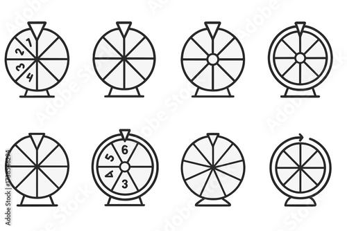 Prize Wheel Icons. Outline icon set of prize wheel: number sectors, arrow pointer, segmented dial, spinning wheel, lucky number segments, roulette style wheel,