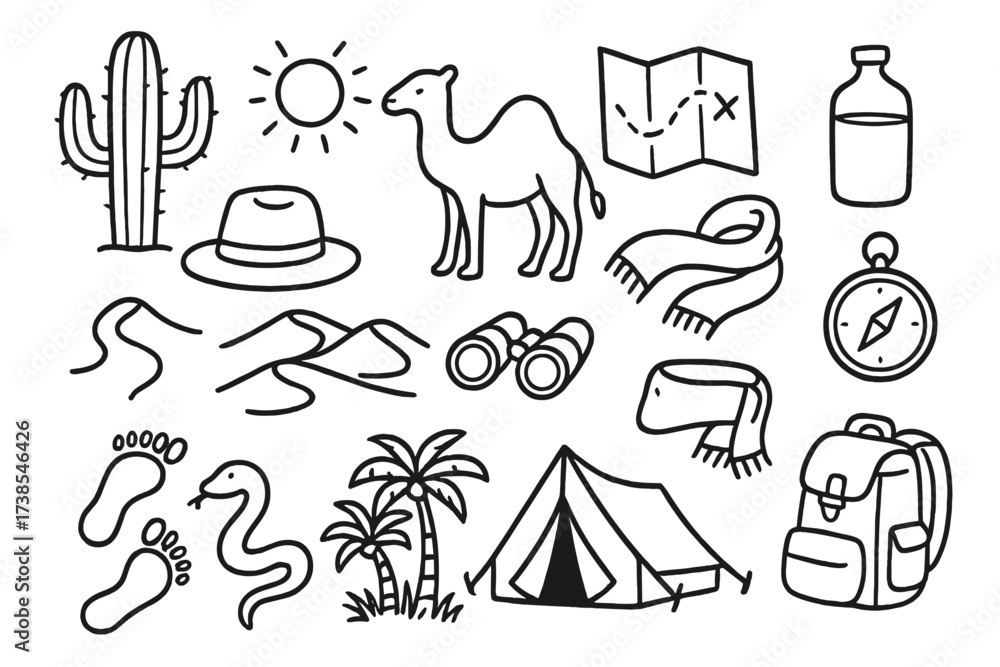 Fototapeta premium Desert Adventure Icons. Hand-drawn doodle illustration desert adventure cactus, sun, camel, map, water bottle, compass, hat, sand dune, binoculars, scarf,