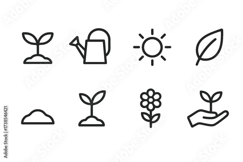 Nurturing Growth Icons. Outline icon set of nurturing growth: seedling, watering can, sun, leaf, soil, sprout, flower, hand supporting plant. Line icons in