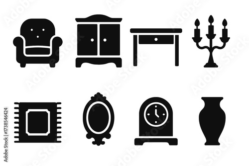 Manor Furniture Icons. Solid, filled icon set of manor furniture: armchair, cabinet, desk, candelabra, rug, mirror, clock, vase. Solid, filled icons in only