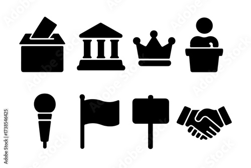 Political Icons Grid. Solid, filled icon set of political influence: ballot box, government building, crown, podium, microphone, flag, protest sign, handshake.