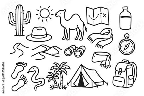Desert Adventure Icons. Hand-drawn doodle illustration desert adventure cactus, sun, camel, map, water bottle, compass, hat, sand dune, binoculars, scarf,