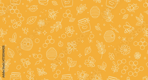 A Whimsical Yellow Background Featuring Delightful Illustrations of Bees Honeycombs Flowers and Leaves Creating a Sweet and Natural Aesthetic