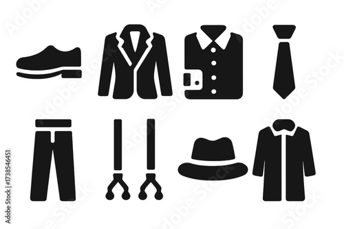 Gentleman Attire Icons. Solid, filled icon set of gentleman attire: dress shoes, blazer, shirt with cufflinks, tie, trousers, suspenders, fedora, overcoat.