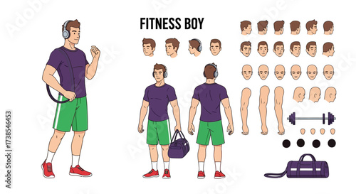 A Complete Character Design Sheet for a Fitness Enthusiast Man with Various Expressions and Accessories for Animation and Illustration Projects