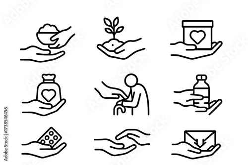 Volunteer Hands Icons. Outline icon set of helping and volunteering hands: hands passing food, hands planting tree, hands with heart box, hands with charity