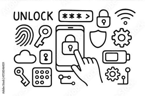 Smartphone Security Icons. Hand-drawn doodle illustration unlock technology smartphone, fingerprint scanner, password, digital lock, key, keypad, circuit,