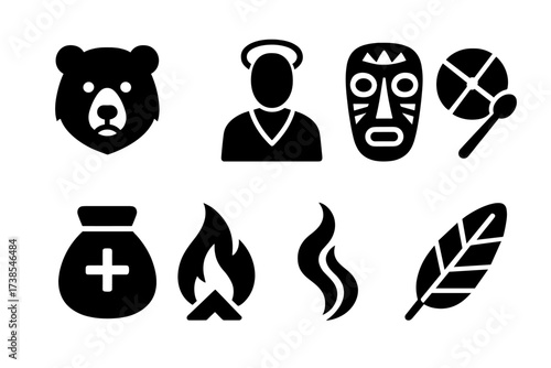 Shamanic Spirit Icons. Solid, filled icon set of shamanic spirits: totem animal, spirit guide, sacred mask, ritual drum, medicine bag, fire flame, smoke trail,