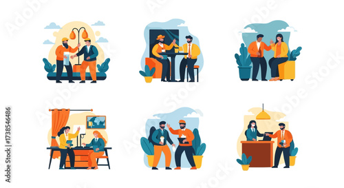 Business Collaboration and Partnership Illustrations Showcasing Professional Interactions and Agreements