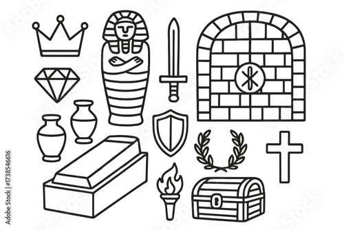 Royal Tomb Icons. Royal Tomb. Hand-drawn doodle illustration crown, sarcophagus, jewel, sword, shield, urn, stone coffin, torch, treasure chest, laurel wreath,