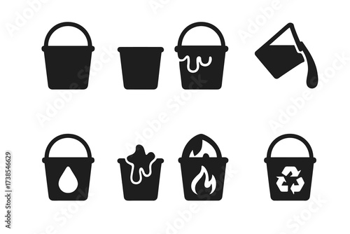 Versatile Bucket Icons. Solid, filled icon set of bucket symbols: empty bucket, full bucket, overflowing bucket, tipped bucket, bucket with water drop, bucket