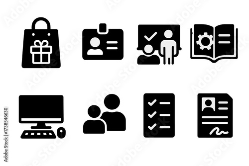 Employee Onboarding Icons. Solid, filled icon set of employee onboarding: welcome kit, ID card, orientation session, training manual, computer setup, mentor,