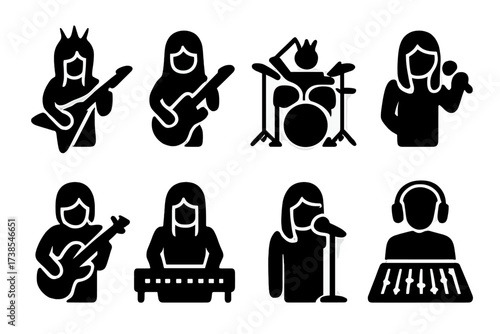 Metal Band Icons. Solid, filled icon set of metal band members: lead guitarist, rhythm guitarist, bassist, drummer, vocalist, keyboardist, backing vocalist,