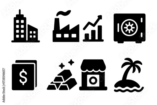 Billionaire Asset Icons. Solid, filled icon set of billionaire business assets: skyscraper, factory, stock market graph, bank vault, investment portfolio, gold