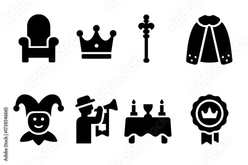 Royal Court Icons. Solid, filled icon set of royal court: throne, crown, scepter, royal robe, court jester, herald, banquet table, royal seal. Solid, filled