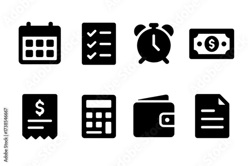 Payment Schedule Icons. Solid, filled icon set of payment schedule: calendar, checklist, alarm clock, dollar bill, invoice, calculator, wallet, document. [Line