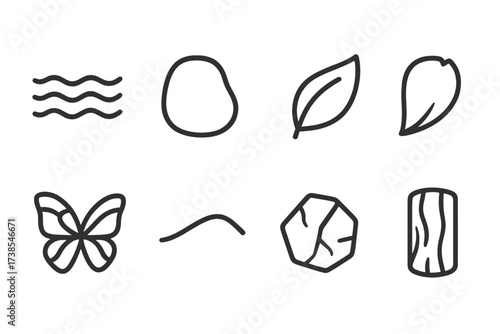 Nature's Smooth Textures. Outline icon set of smooth texture in nature: calm water, pebble stone, leaf surface, flower petal, butterfly wing, sand dune, ice