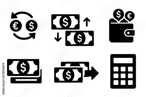 Currency Exchange Icons. Solid, filled icon set of banknote exchange: currency symbols, exchange rate, money conversion, forex chart, wallet with coins,