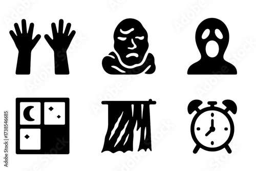 Nightmare Icon Set. Solid, filled icon set of nightmare imagery: dark hands, tangled sheets, distorted face, open mouth scream, moonlight window, claw mark,