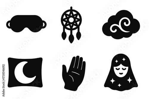 Dream Guardian Icons. Solid, filled icon set of dream guardians: sleep mask, dreamcatcher, eye closed, cloud swirl, moon pillow, restful hand, starlight veil,