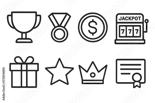 Chance Reward Icons. Outline icon set of chance rewards: trophy, medal, gold coin, jackpot, gift box, star, crown, certificate. Line icons in only black color,