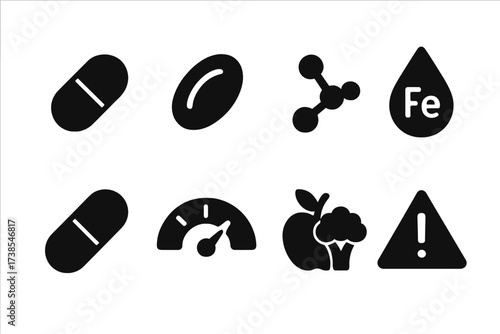 Iron Health Icon Set. Solid, filled icon set of iron health symbols: iron supplement pill, red blood cell, iron molecule, iron drop, iron capsule, iron level