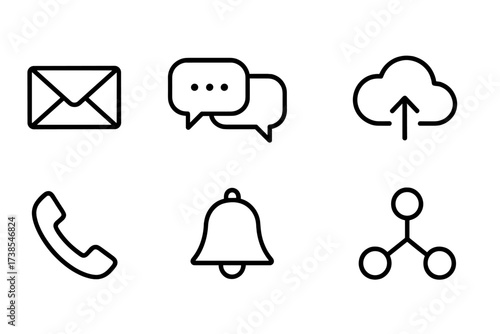 Information Exchange Icons. Outline icon set of information exchange: email, chat bubbles, file sharing, cloud storage, phone call, video conference,
