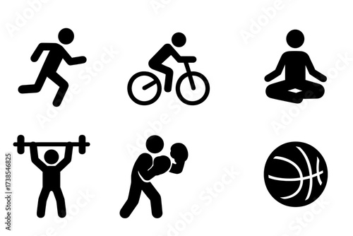 Warm-Up Sports Icons. Solid, filled icon set of warm-up sports: running, cycling, swimming, yoga, weightlifting, boxing, basketball, football. [Line icons in