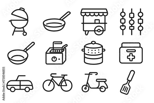 Diverse Icon Collection. Outline icon set of crowd technology: mobile phones, selfie sticks, live streaming, drones, headphones, VR headsets, camera flashes,