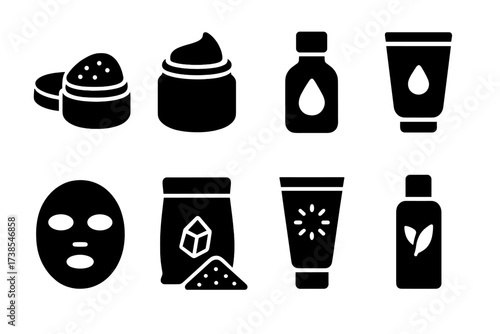 Salve Icon Grid. Solid, filled icon set of salve related items: lip scrub, body butter, essential oil, hand cream, facial mask, bath salts, sunscreen, facial