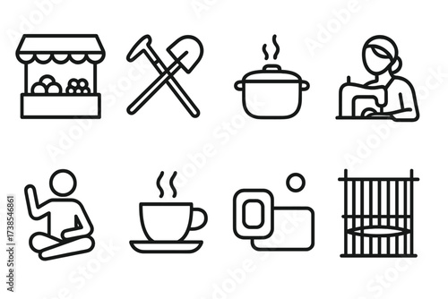 Nigerian Daily Life Icons. Outline icon set of Nigerian daily life: Market stall, Farming tools, Cooking pot, Storytelling, Coffee cup, Soap making, Tailoring,