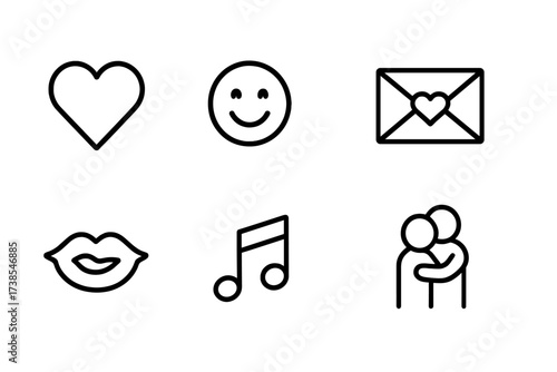 Serenade Emotion Icons. Outline icon set of serenade emotions: heart, smiling face, blushing cheeks, love letter, kiss lips, music notes, hugging couple, tear