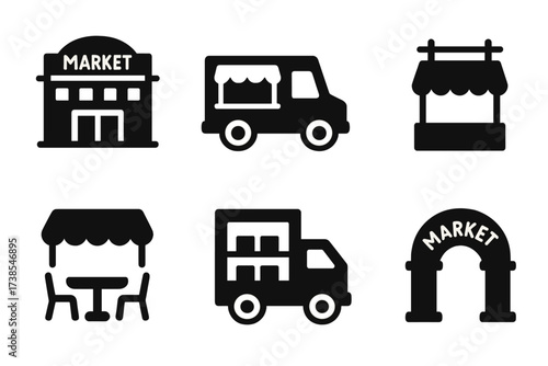 Market Building Icons. Solid, filled icon set of market buildings and structures: market hall, food truck, outdoor canopy, signboard, food court, storage room,